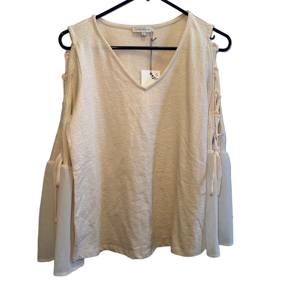 NWT SKIES ARE BLUE Cream Blouse Sheer Bell Sleeves Size Small Style 39635